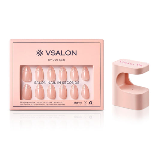 Press-On Nails - Short Almond French Tip Nude Pink Fake Nails, 32 PCS in 16 Sizes, Reusable Nail Kit with Long-Lasting UV Glue, Adhesive Tabs, Nail Glue & Nail Glue