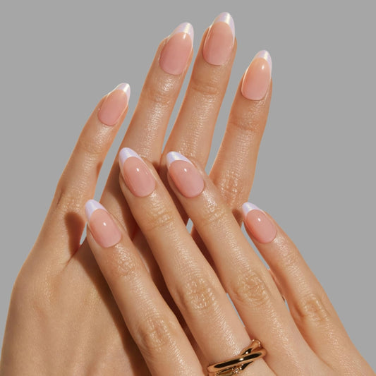 LAMIMOSA 32Pcs French Tip Press on Nails Short Almond - Soft Gel Fake Nails in 16 Sizes, Reusable Semi-Transparent Glue on Nails Kit, TWILIGHT FRENCH